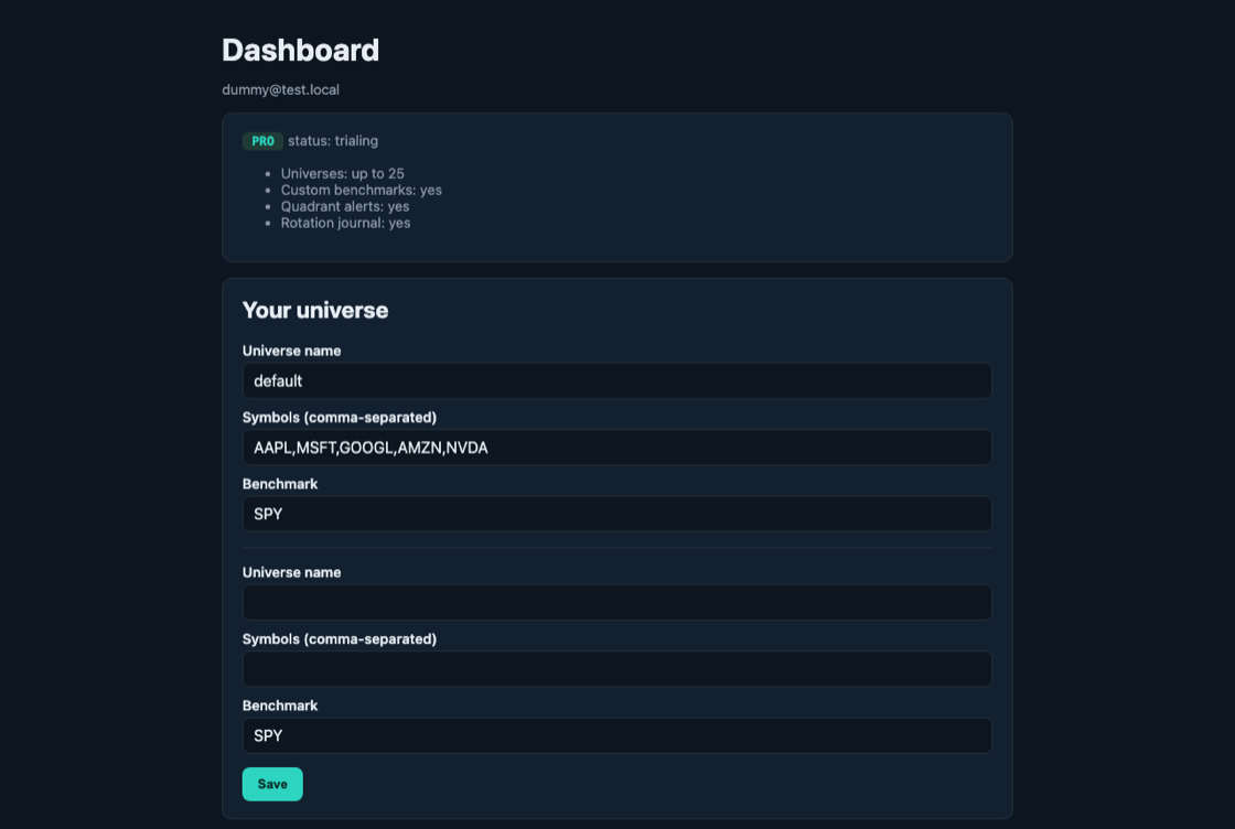 Tenant dashboard: universes, saved snapshots, on-demand generation